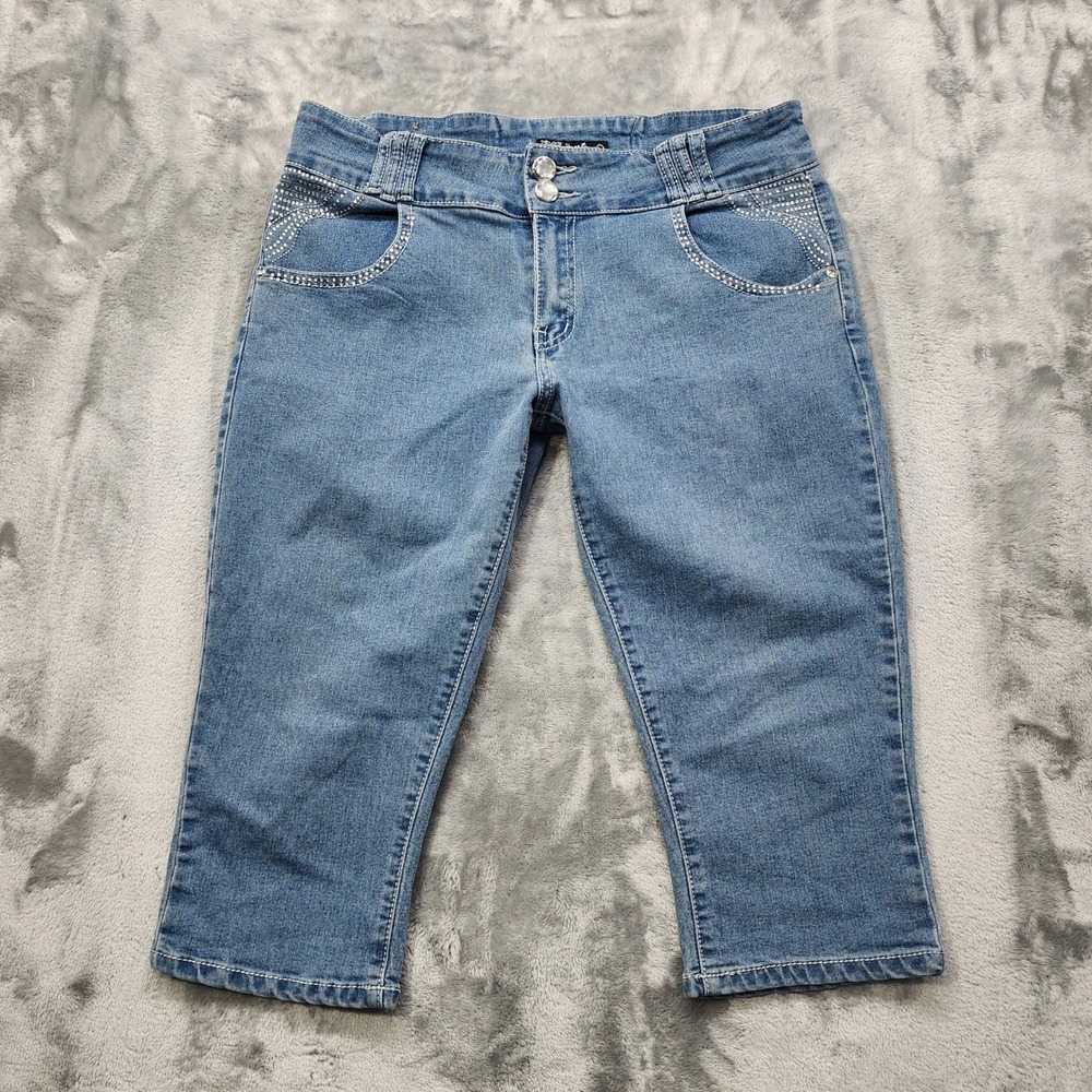 QQMY Jeans Womens 15/16 Blue Stretch Denim Rhinestone Embellished Capri Casual